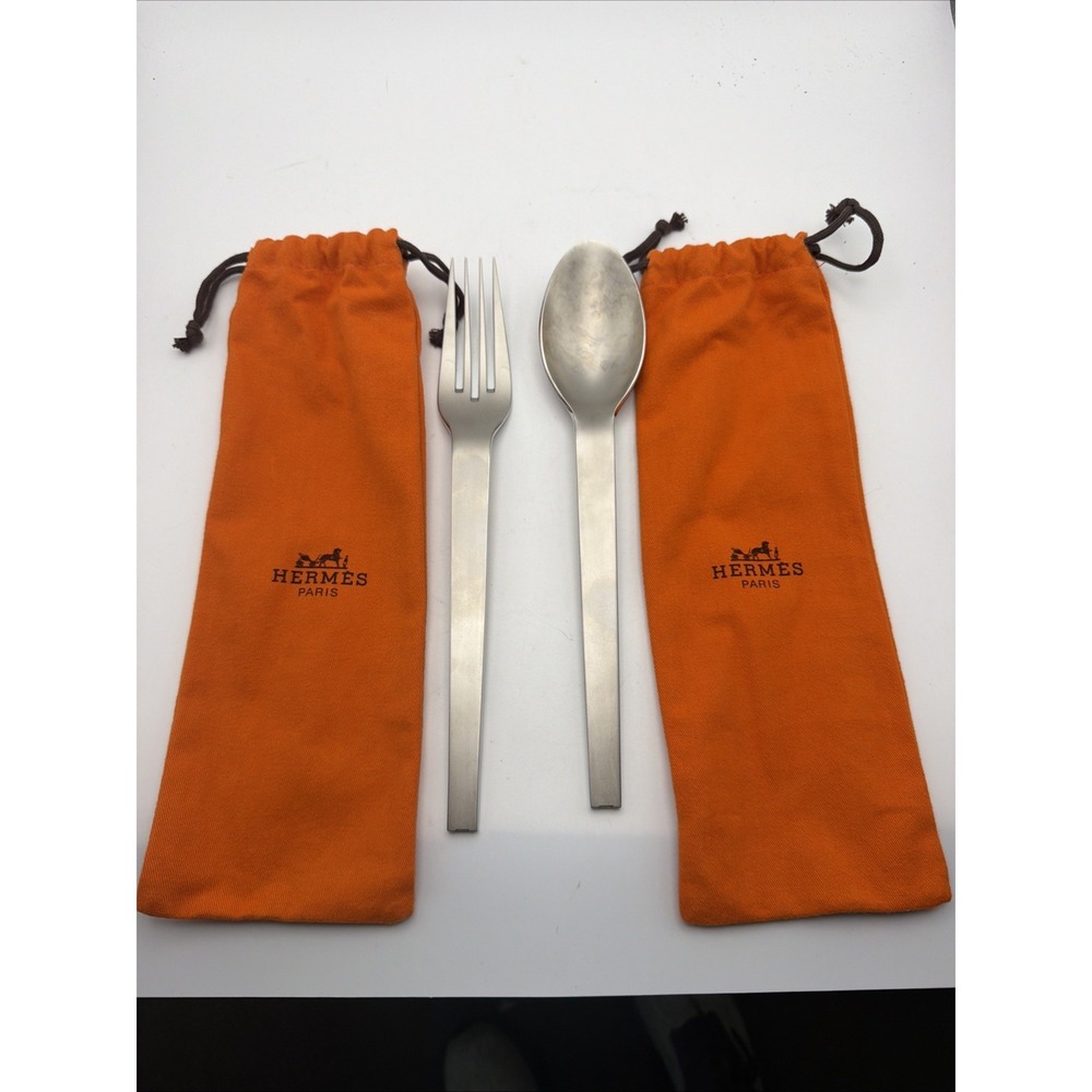 Hermes Paris Stainless Steel Flatware Dinner Fork Spoon Set w/ Orange Pouches